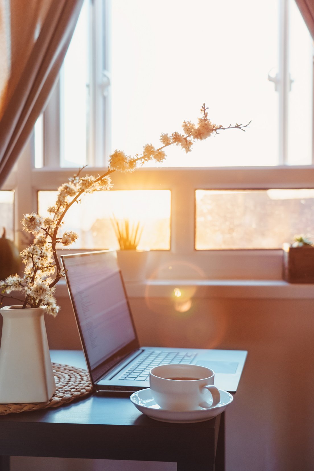 Home Work Office with Laptop and Coffee near Window 